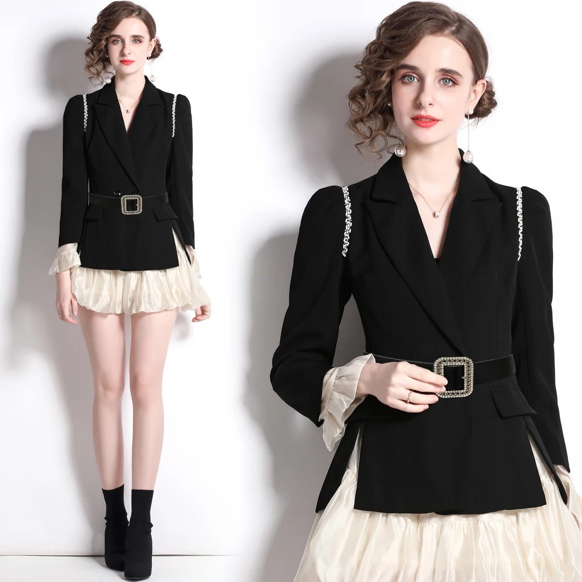 

Женский винтажный костюм с юбкой, комплект из двух предметов, пальто с отложным воротником и пышными рукавами со стразами + бальная юбка с эластичным поясом на осень