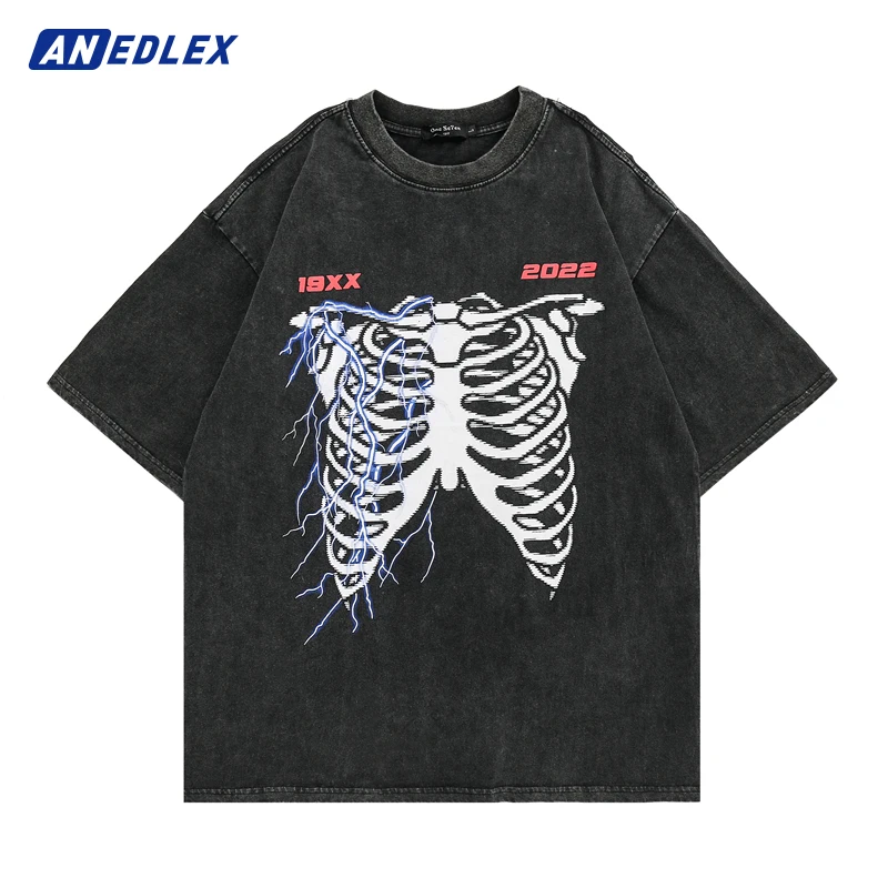 

Retro T-Shirts Men Washed Lightning Sternum Graphic Print T Shirt Men 2022 Summer Oversized Vintage T-Shirt Men Fashion Tops Tee