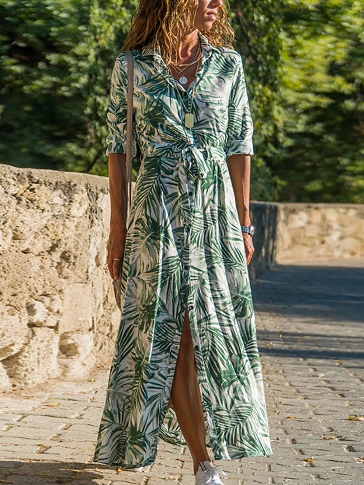 

Платье-рубашка женское длинное на пуговицах с длинным рукавом и отложным воротником, весна 2021