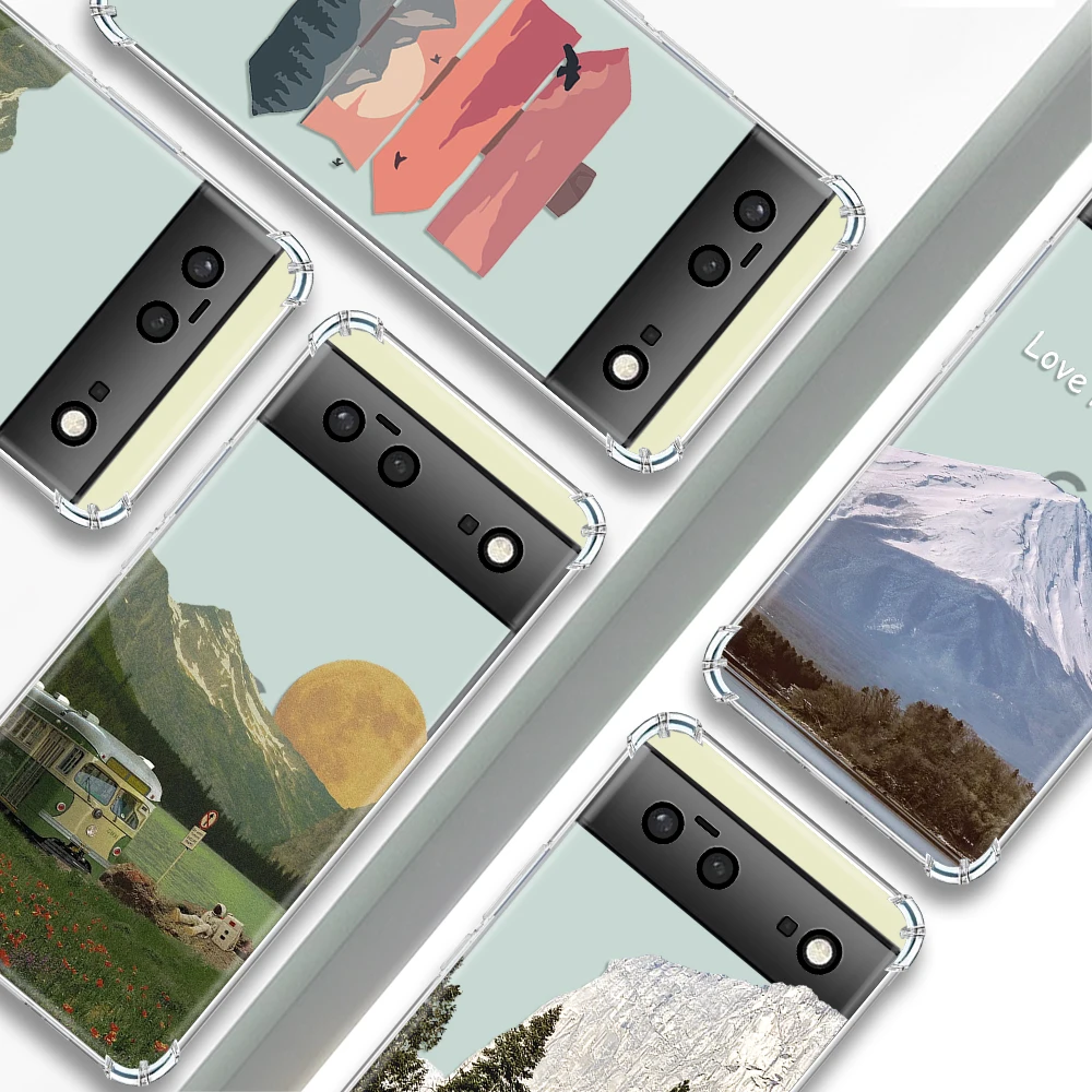 

Cartoon Grassland Sunset Transparent Phone Case For Google Pixel 7a 6a 7Pro Cases Shockproof Soft TPU Cover For Pixel 7 6 6Pro