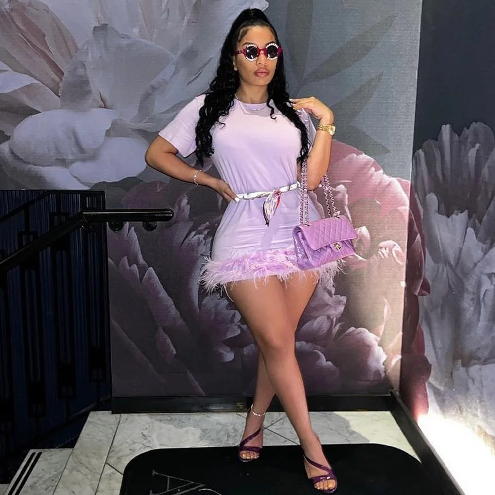 

Wishyear 2022 Summer Cute Sexy Furry Hem T Shirt Dresses for Women Casual Clothes White Black Short Sleeve Mini Dress