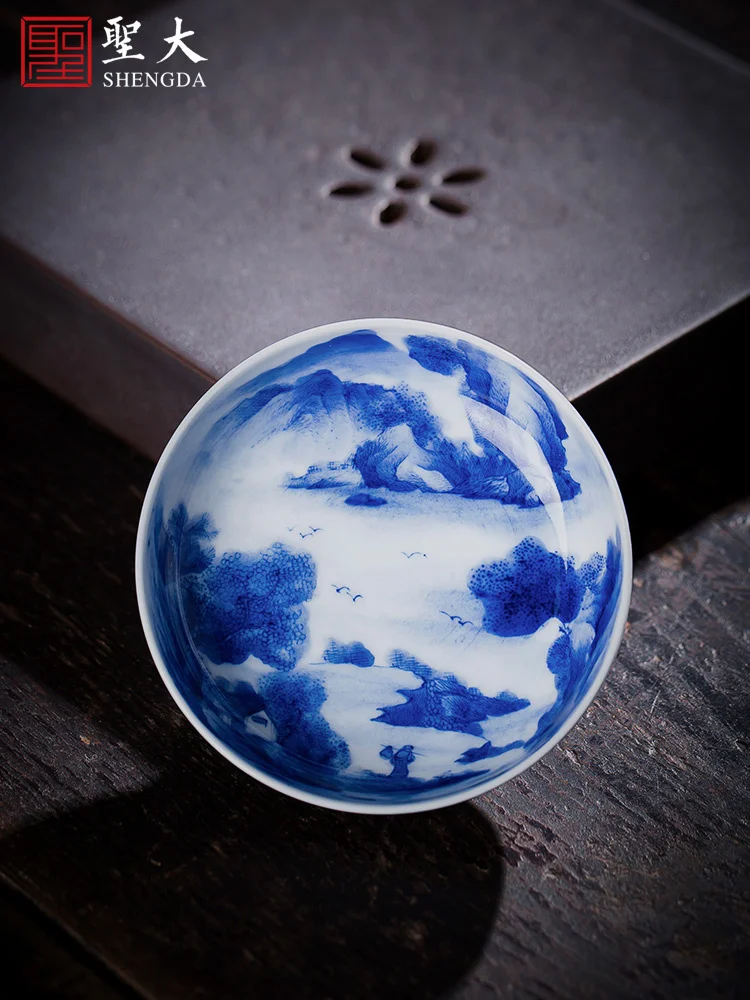 

Shengda ceramic kungfu tea cup tea cup Ji blue hand-painted blue and white landscape master full handmade Jingdezhen tea set