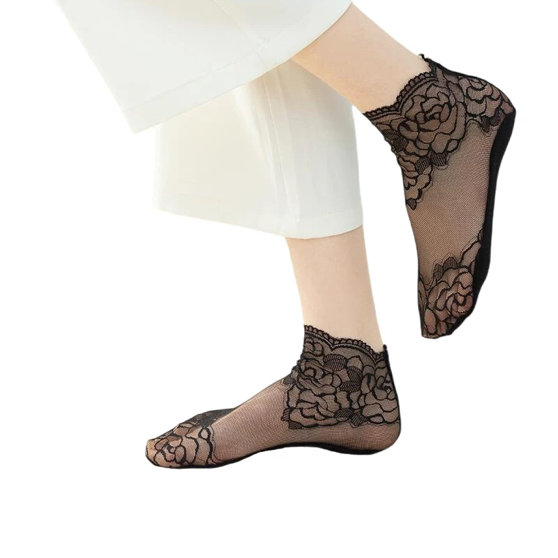 

Женские кружевные короткие носки, тонкие шелковые эластичные сетчатые прозрачные носки до щиколотки в Стиле Лолита, 5 пар, весна-лето