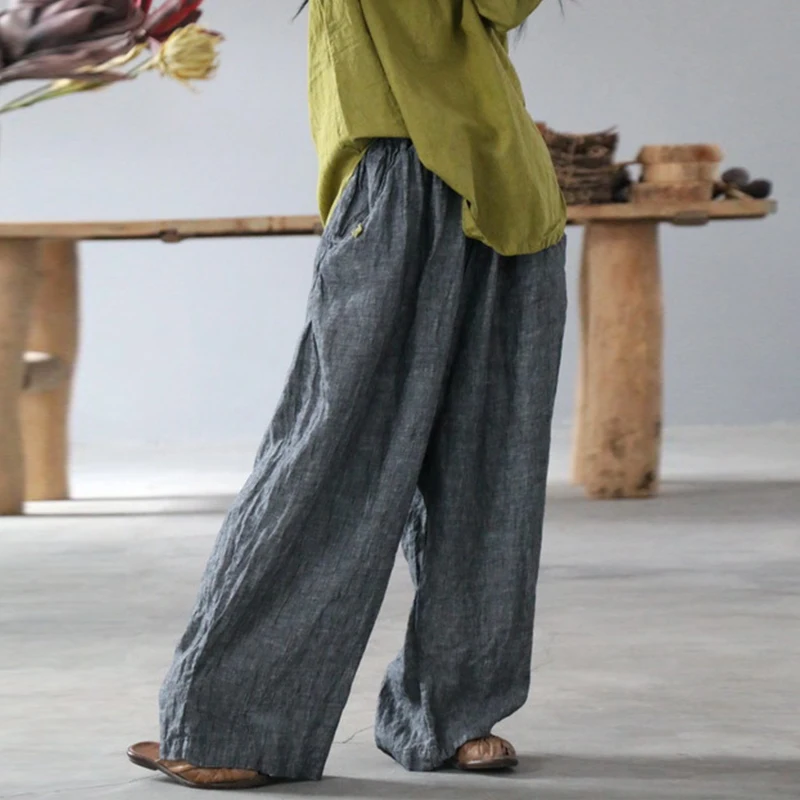 

Брюки женские льняные с широкими штанинами, свободные винтажные серые штаны с эластичным поясом, осень 2023