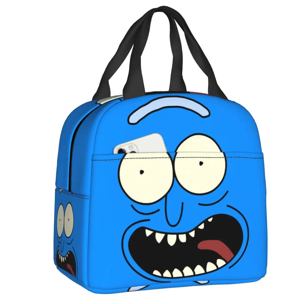 Cartoon Rick Face Anime Pickle Portable Lunch Box for Women Waterproof Boonie Cooler Thermal Food Insulated Lunch Bag