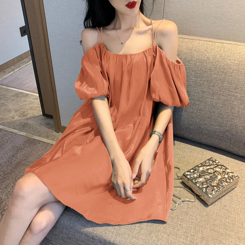 

Temperament A word collar shoulder bubble sleeve dress female summer new fashion easy to match big a-word skirt