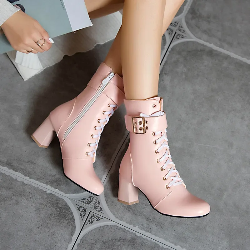 

Fashion Sweet Woman Shoes High Heel Buckle Strap Cross Tied Lace Up Autumn Winter Booties Pink White Black Ankle Boots 43