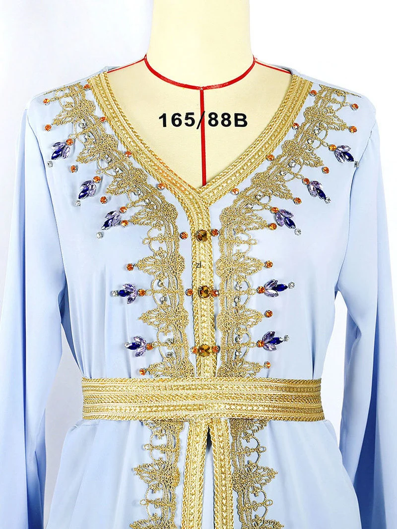 Eid Fake 2pcs Moroccan Embroidered Kaftan Women Handsewn Rhinestones Muslim Arabic Party Caftan Long Dress Dubai Ramadan Abaya