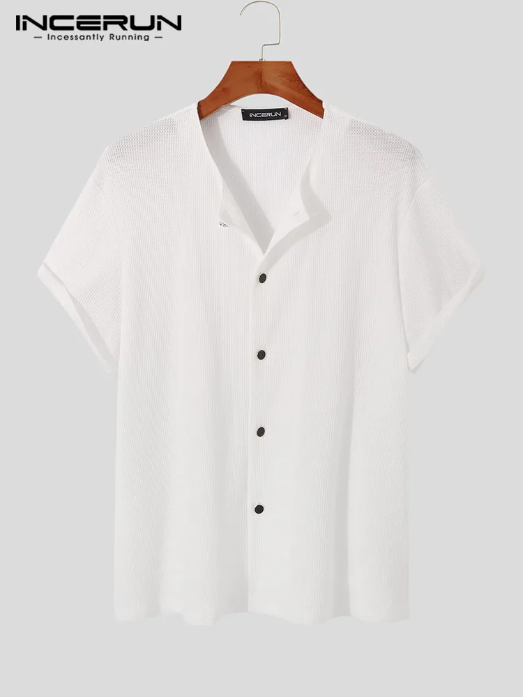 INCERUN Tops 2022 Korean Style Men's Short Sleeve Shirts Casual Holiday Wear Streetwear All-match Henley Crew Neck Blouse S-5XL