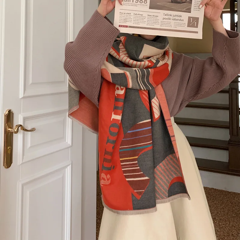 Модный зимний женский шарф с буквенным принтом 2022, дизайнерская Толстая кашемировая теплая шаль из пашмины, шаль, женское Брендовое одеяло, пончо Bufanda