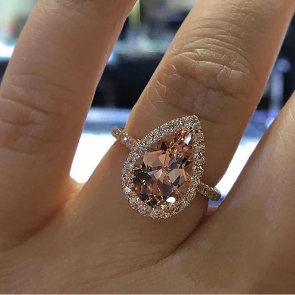 Natural Morganite and Diamond Halo Ring Pear Shape Art Deco Antique Engagement Ring Rings for Women Promise Rings for Women