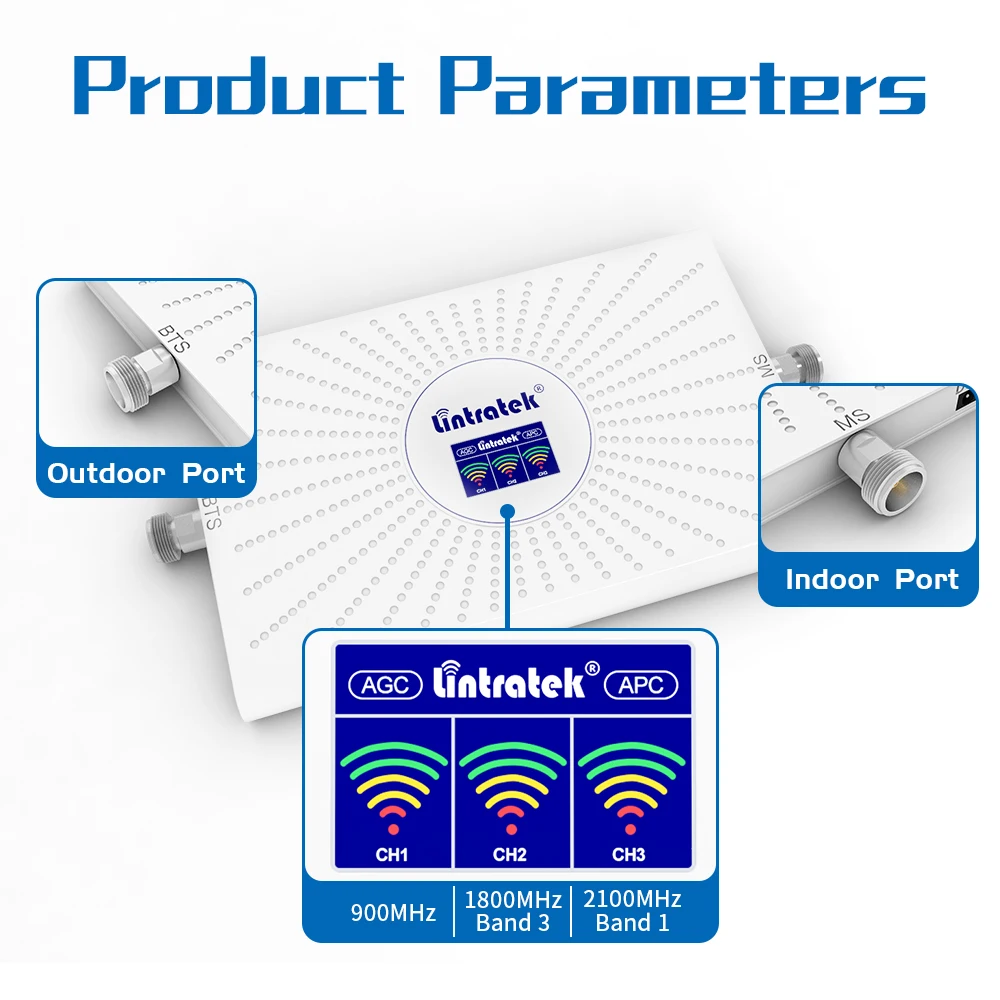 Tanie Lintratek GSM 900 DCS 1800 WCDMA 2100MHz Wzmacniacz Komórkowy Wzmacniacz Trójzakresowy Mobilny Wzmacniacz Komunikacyjny Antena Gsm ALC AGC