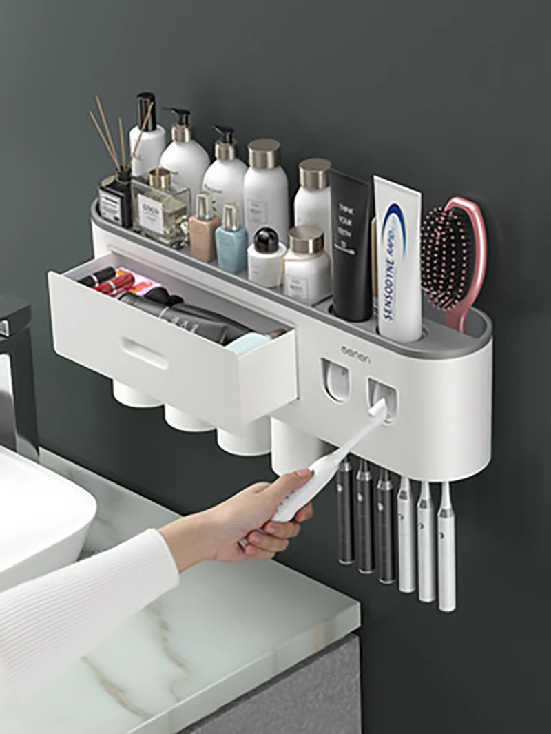 magnetic adsorption inverted toothbrush holder double automatic toothpaste squeezer dispenser storage rack bathroom accessories free global shipping