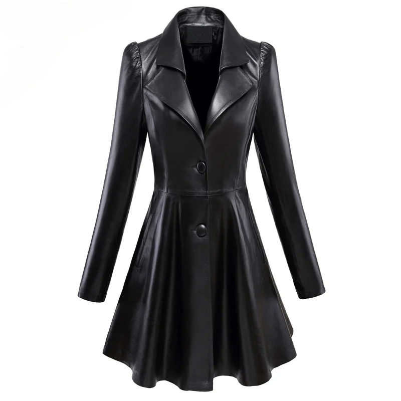 

Nerazzurri Fit and flare faux leather coat notched lapel long sleeve puff sleeve Skirted Black Elegant leather blazer slim fit