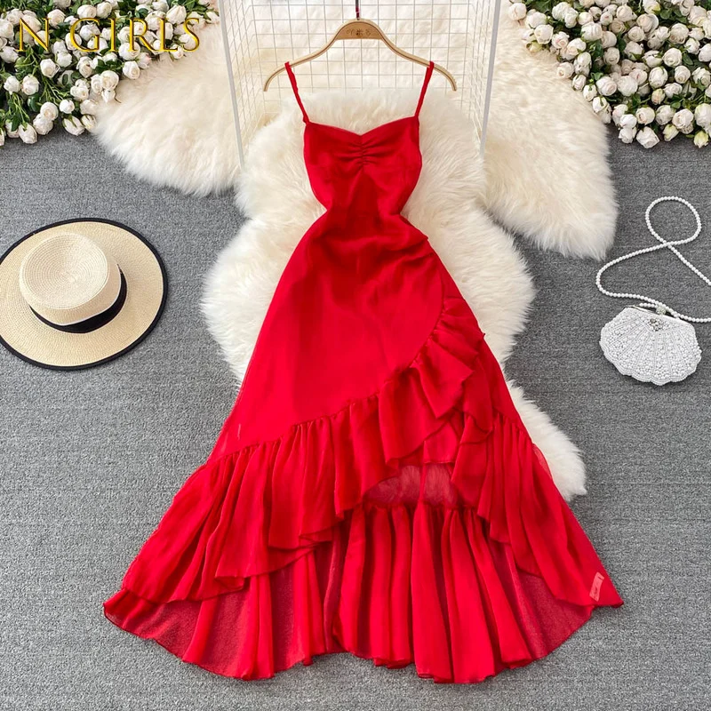 

N GIRLS2022 Red Fairy Sling Camis Dresses Woman High Slim Waist Party Dress for Women Irregular Large Hem Vestidos De Mujer