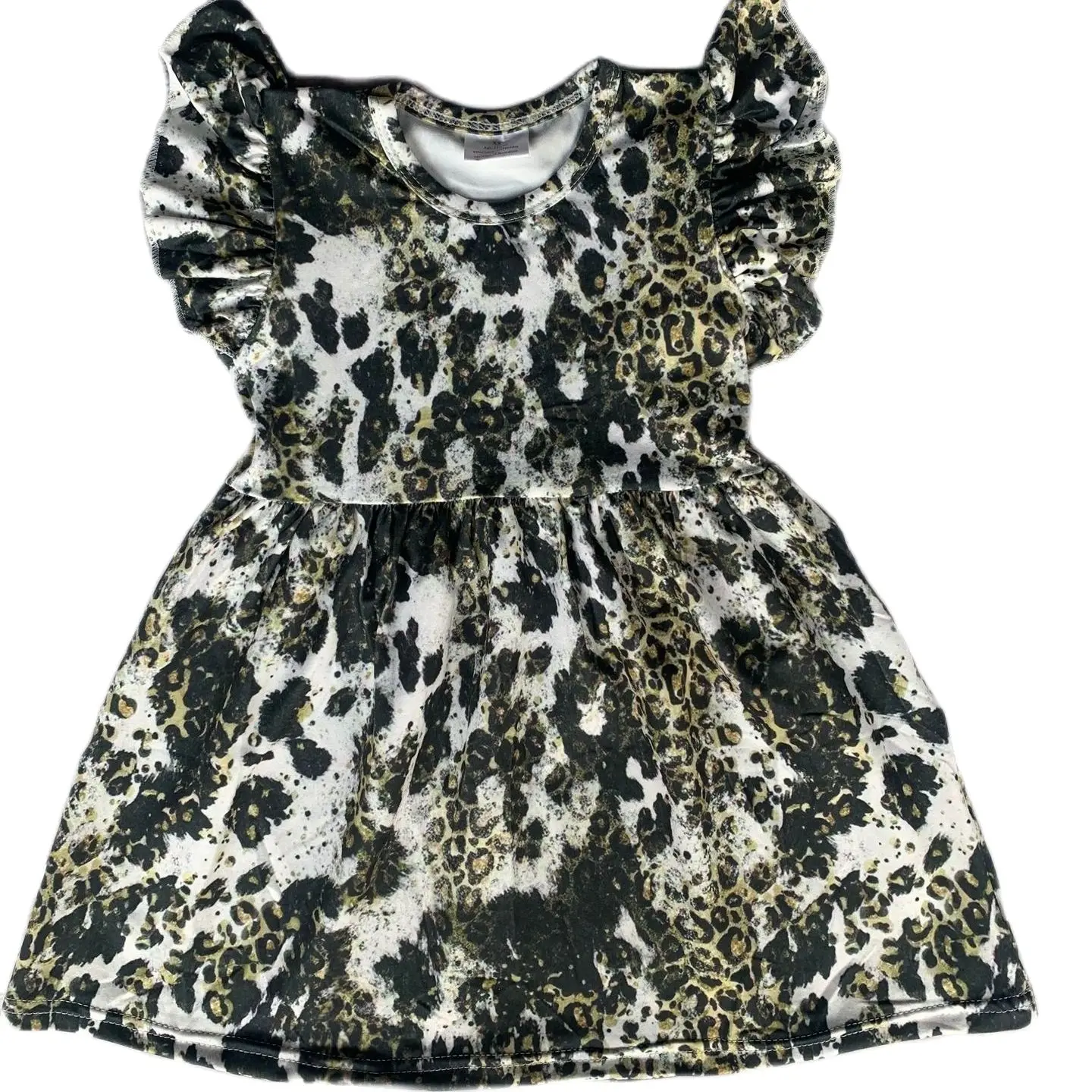 

Spring and Summer Boutique Girls' Children's Clothing Dark Green Leopard Print Small Flying Sleeve Dress