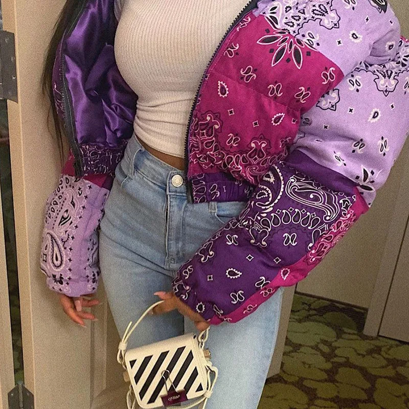 Floral Print Zipper Long-sleeved Down Jacket Padded Stand-up Collar Slim Fit Warm Bread Cotton Jacket Short Jacket Ladies Winter