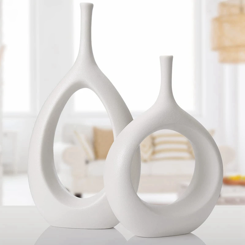 

HOT SALE White Ceramic Hollow Vases Set Of 2 Flower Vase For Decor Modern Decorative Vase Centerpiece For Wedding Table For Home