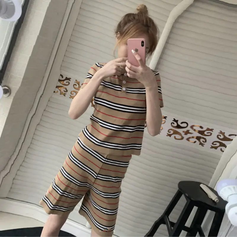 

Women's ice silk suit striped knitting polo short sleeve+trousers two-piece suit