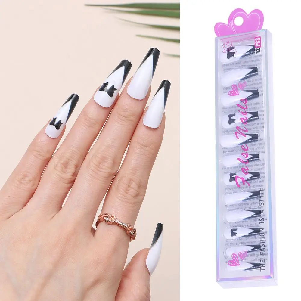 

24pcs French Design Fake Nails Butterfly White Pink Nail Art Tips Long Press On False Tips Need Glue Stick Designs Full Cover