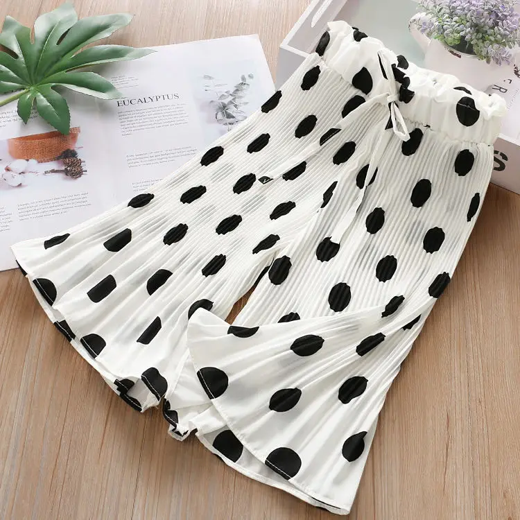 

2022 Summer Girls Fashion Wide Leg Pants Polka Dot Print Beach Breathable Chiffon Pants Kids Children Casual Loose Trousers G21