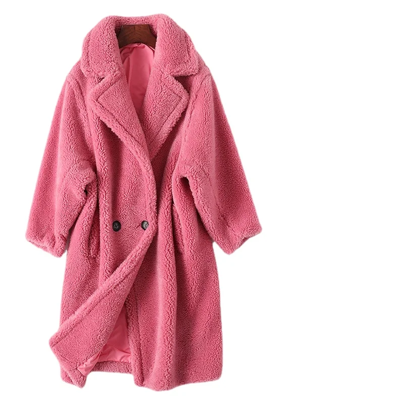 Winter New Cashmere Medium Length Lamb Faux Fur Coat for Women Solid Long Sleeve Faux Fur Coat Women Winter Jacket