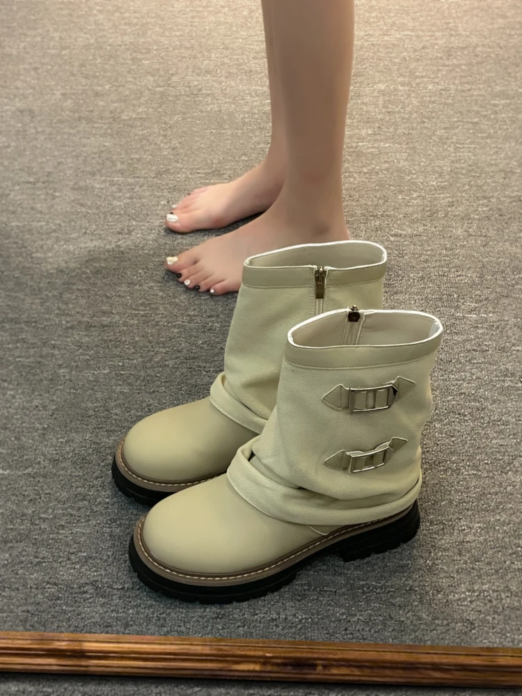 

Zipper Med Heel Boots Shoes Boots-Women Round Toe Rock Ankle 2023 Ladies Summer Cowboy Rome Canvas Cotton Fabric PVC Basic Solid