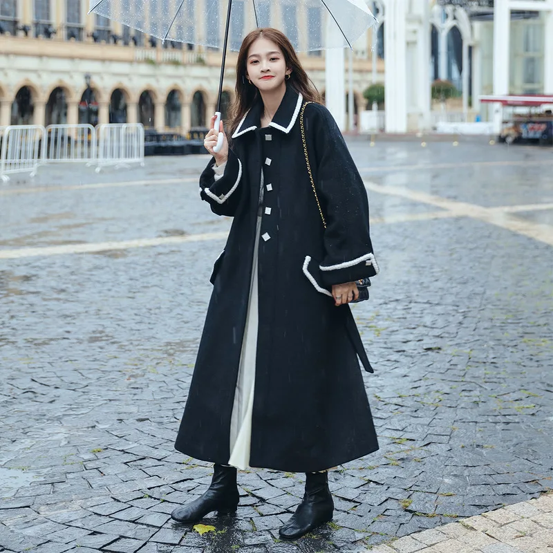 

SuperAen женское винтажное черное ТРАПЕЦИЕВИДНОЕ Свободное пальто большого размера женское длинное контрастное твидовое шерстяное пальто