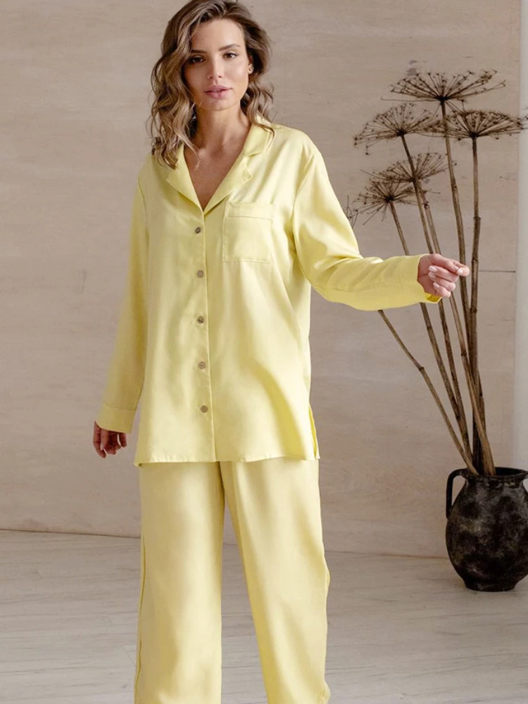

Sumuyoo Women's Silk-Imitated Nightgown 2 Pieces Set Full Sleeves Shirt +Trouser Suits Female Loose Pajamas Sets