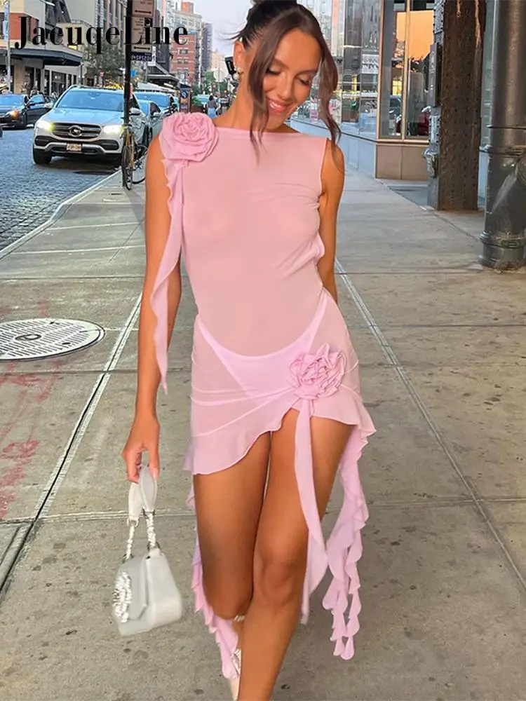 

Jacuqeline Sleeveless Mini Dress Women's See-Through Outfits Sexy Wood Ear Trim Splicing Ruffles Skirt Hem Mesh Dresses 2023 New
