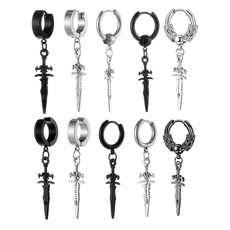 

Sword Drop Dangle Small Hoop Earrings for Women Girls Men Stainless Steel Engrave Animal Cross Dagger Charms Dangling Hoops Cuff