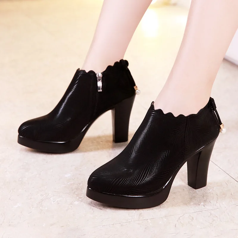 

Elegant Fall Winter Floral Edge Women's Thick Platform Pumps 2023 Fall Spring Block High Heels Shoes Leather Plus Size 41 42 43