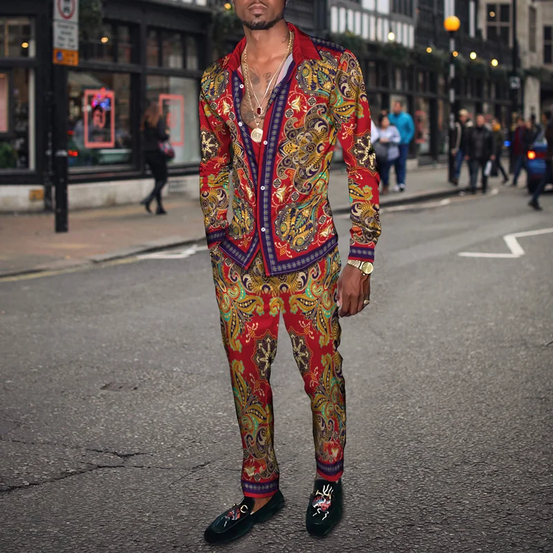 Men's Long-Sleeve Button-up Shirt Trousers Two-piece Suit Slim Business Shirt Male Retro Style Printed Formal Men's Clothes