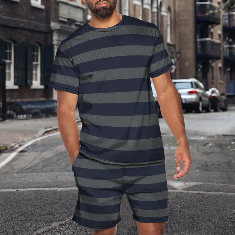 

Color Bar Pattern Print Men's O-Neck T-shirt Sets Summer Casual Jogging T-Shirt Shorts Two Piece Set Fashion Pullover Tracksuit