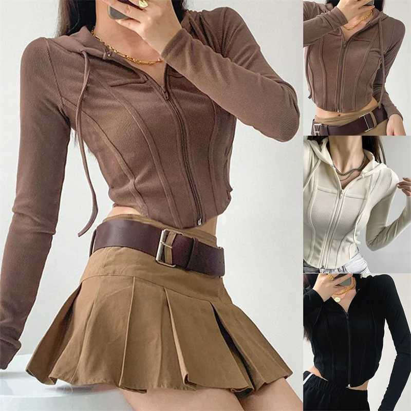 

European American Hooded Zipper Cardigan Women Spring Retro Slim Slim Sport Coat Short Crop Long Sleeve Top