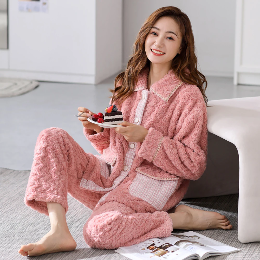 Sweet Princess Pajama Sets for Women Winter Warm Thick Flannel Sleepwear Trendy Patchwork V Neck Pjamas Casual Pijama Loungewear
