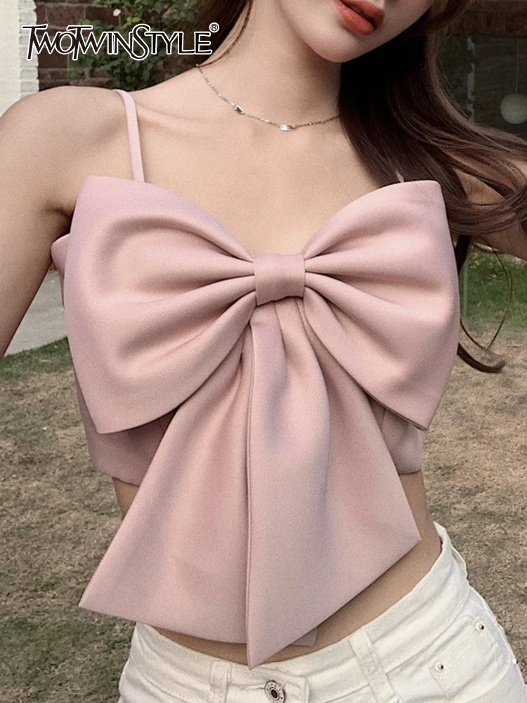 

TWOTWINSTYLE Sexy Patchwork Bowknot Tank Tops For Women Square Collar Sleeveless Solid Vests Female Fashion Clothing Style New