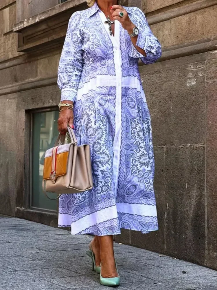 Женское синее вечернее платье Tinaa с цветочным принтом новинка 2024 Осеннее