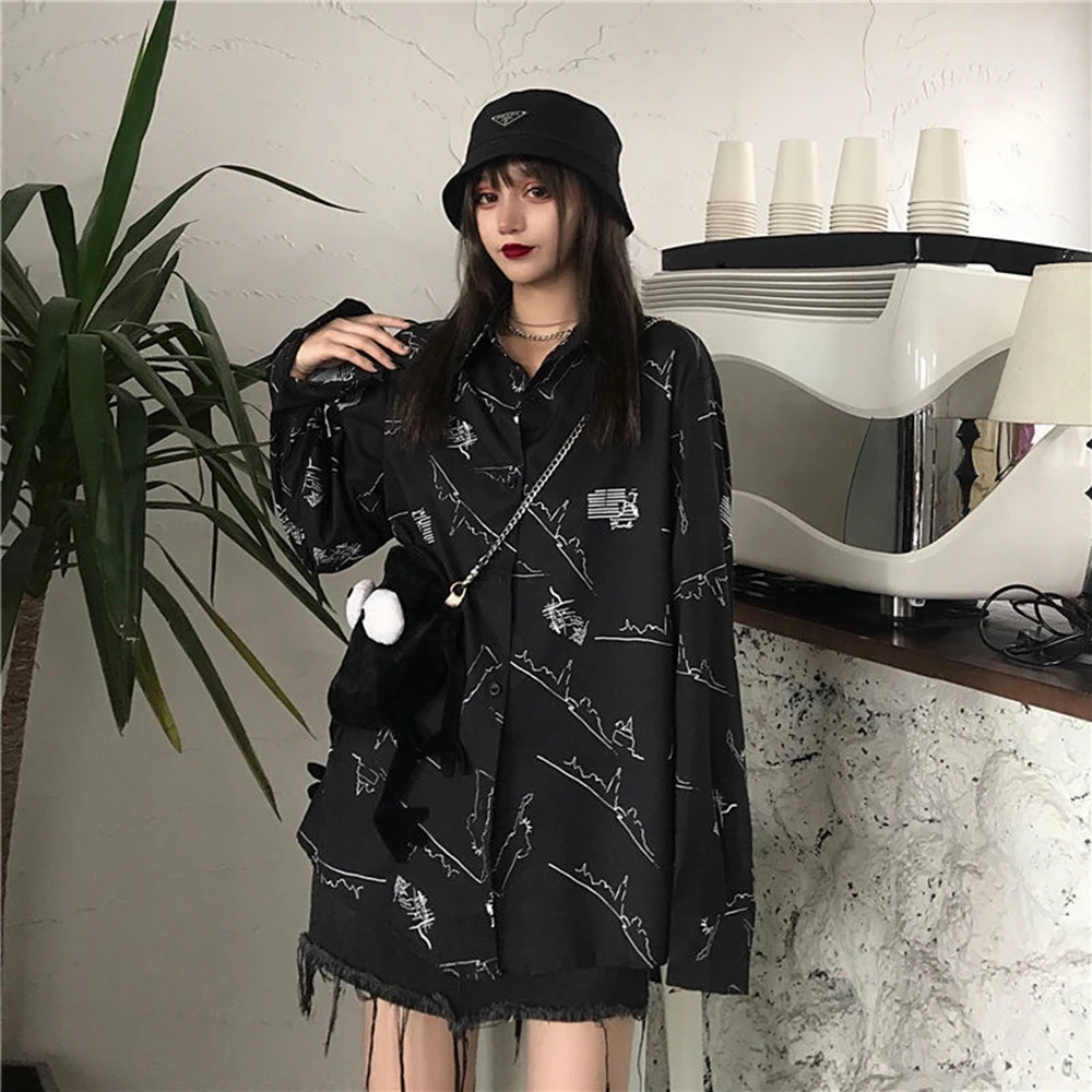 Women Summer Fashion Black Cartoon Print Blouses Tops Lady Chic Casual Long Sleeve Button Up T-Shirt Korean Japanese Trendy