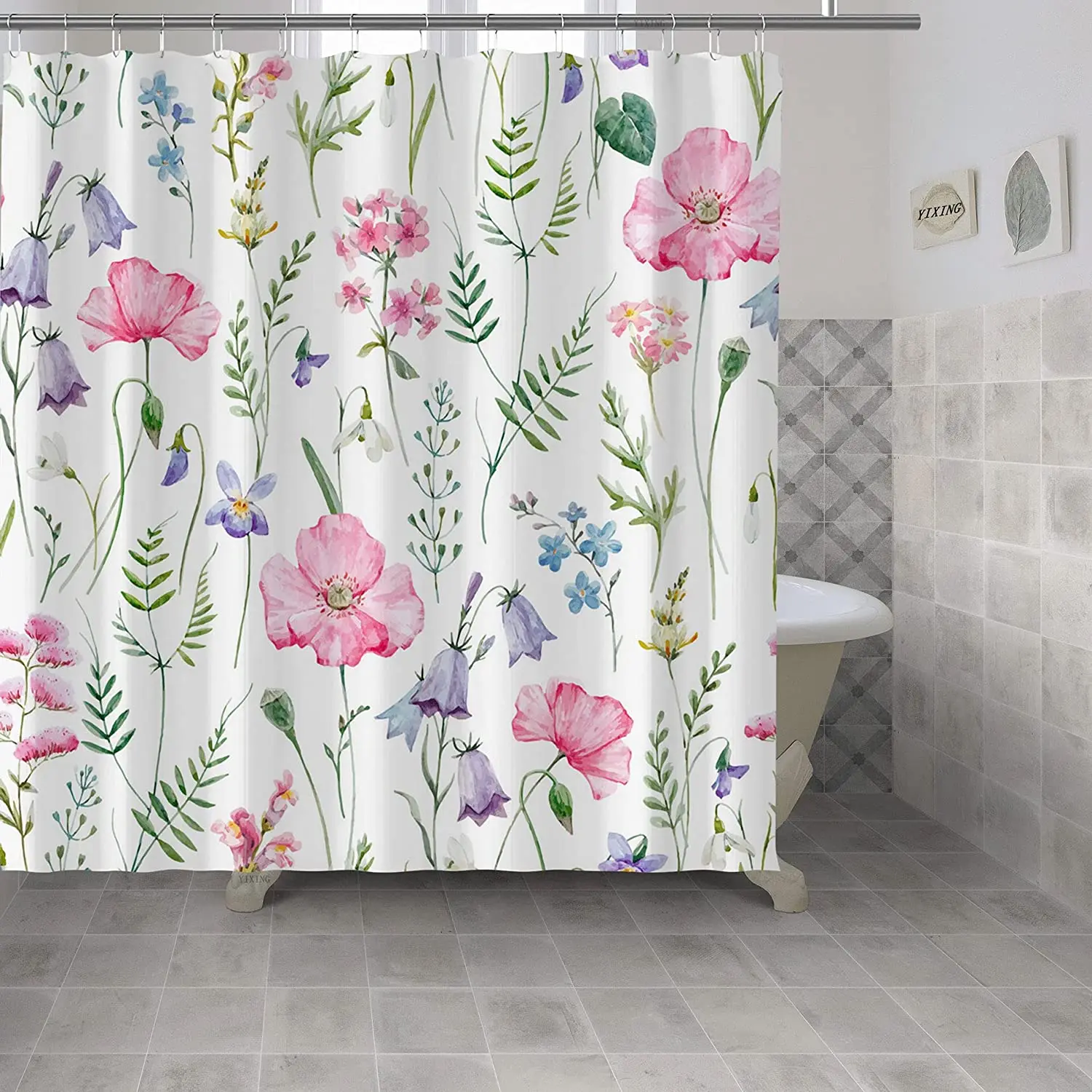 

Shower Curtain Watercolor Floral Pattern Delicate Flower Wildflowers Pink Tansy Pansies Waterproof Polyester Fabric Bathroom Set
