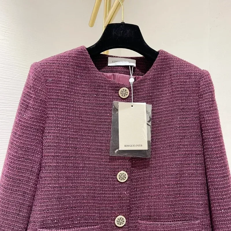 Женская куртка с блестками Bugundy элегантная твидовая круглым вырезом и длинным