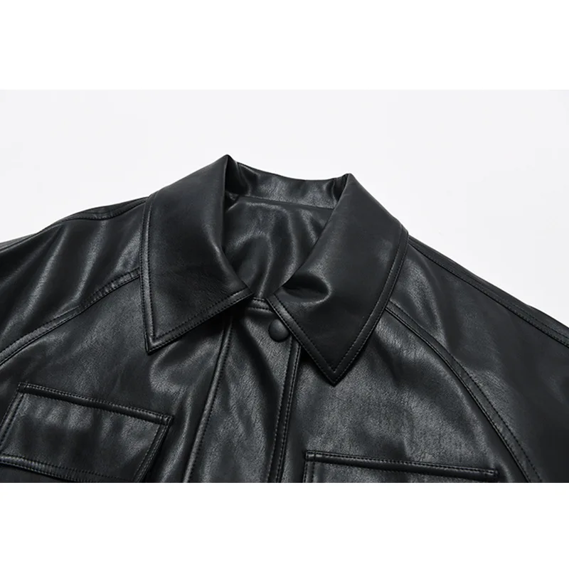 2023 Spring and autumn new leather coat women's motorcycle suit medium length retro loose black PU leather top