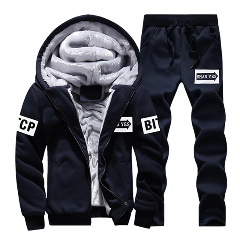 

Warm Inner Fleece Winter Sportsuit Men Casual Hooded Sweatshirts Male Thick Tracksuit+Pant 2 Pieces Set Windproof Gym Sportswear