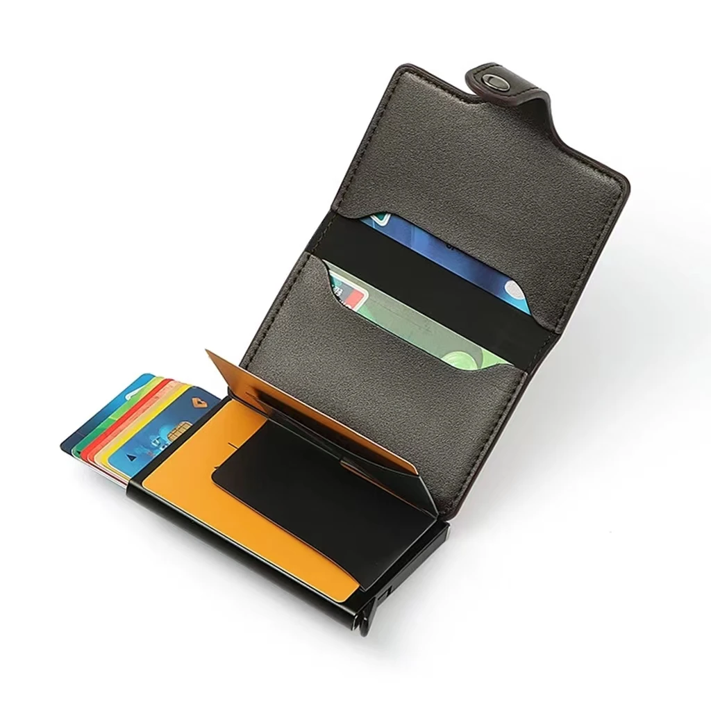 With Automatic Pop-Up Aluminum Case Business Card Holder Anti-Theft Magnetic Wallet For Men And Women General PU Leather