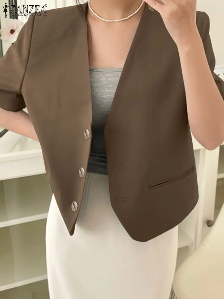 ZANZEA 2023 Spring Summer Solid Suit Jackets Korean Fashion Short Sleeve Blazer Women Office Wear V-neck Buttons Leisure Suits