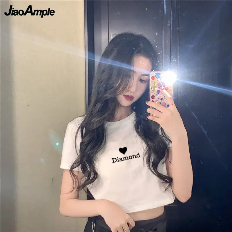 

Белая женская короткая футболка, Новинка лета 2022, модные укороченные топы в Корейском стиле, Женский Повседневный пуловер Джокер с круглым ...