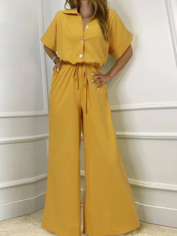 Fashion Solid Turn-down Collar Shirt Jumpsuit Elegant Short Sleeve Drawstring Tie-up Romper Spring Casual Wide Leg Pant Overalls