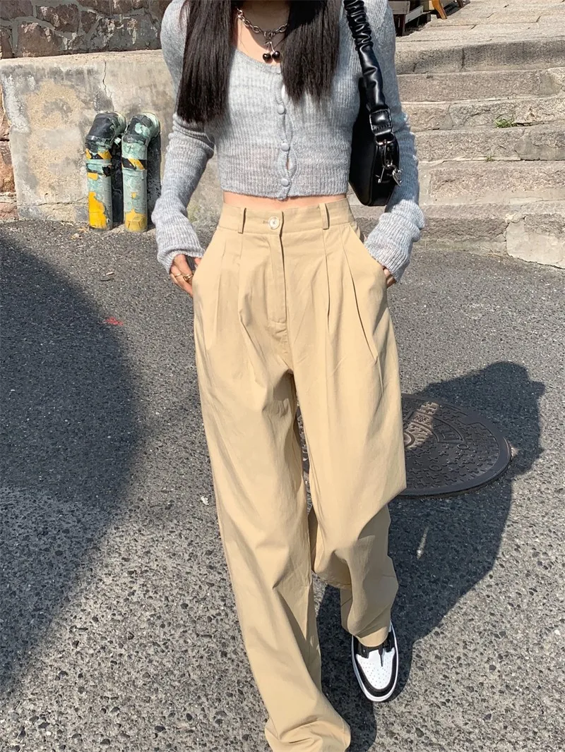 

Брюки женские с завышенной талией и широкими штанинами, повседневные тонкие драпированные прямые тонкие свободные штаны, одежда для работы, цвет хаки, на лето