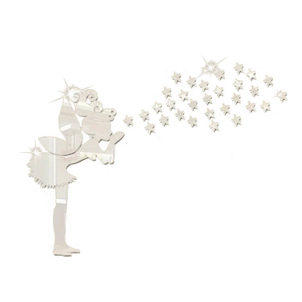 

3D Fairy Wall Decor Angel Magic Fairy Stars Mirror Sticker Little Girl Wall Home Decor with Double-sided Adhesive