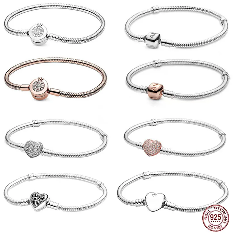 

Hot Sale 925 Sterling Silver Gold Crown Snake Bone Bracelet Heart Bracelet fit Original Pandora Charm Women's High Jewelry Gift